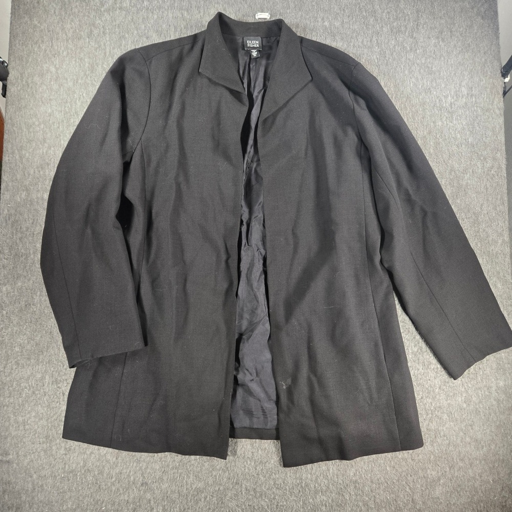 Eileen Fisher Blazer Womens XL Black 100% Wool Italian Fabric Open Front Lined